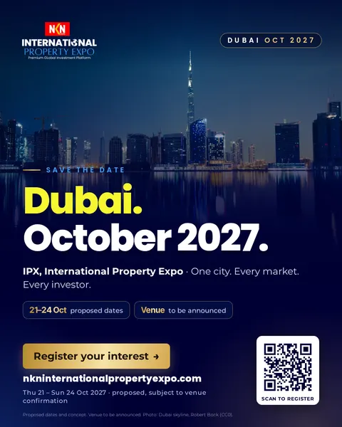 Save the date poster: Dubai, March 2027, NKN International Property Show